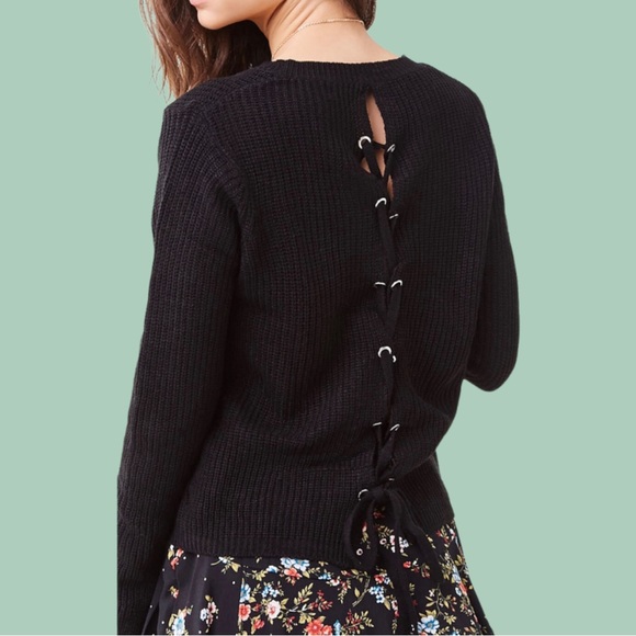 Forever 21 x Ambiance Apparel Ribbed Knit Mustard Lace-Up Sweater - Picture 5 of 7